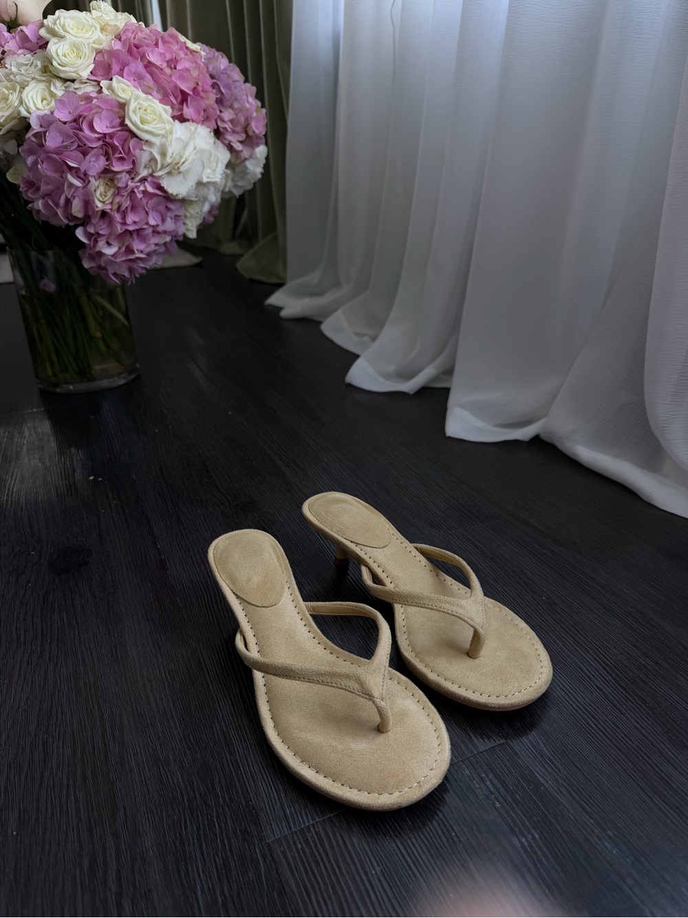Beige Suede Thong Heels - Women